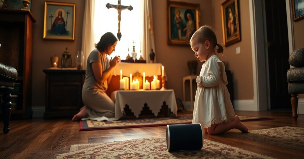 Matka modli się w tradycyjnym domu przed ołtarzykiem z wotywkami przy córce obok zniszczonego urządzenia Alexa