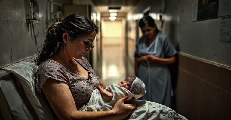 Matka trzymająca niemowlę w szpitalnym pokoju z obawami zwiazanymi z planami rządowymi dotyczącymi porodów na SOR-ach.