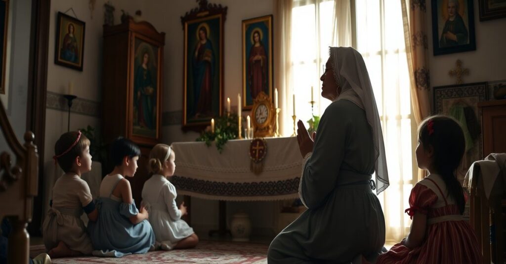 Pobożna matka katolicka w tradycyjnym ubraniu modli się przed domowym ołtarzykiem z dziećmi wokół niej w promieniach słonecznego światła.
