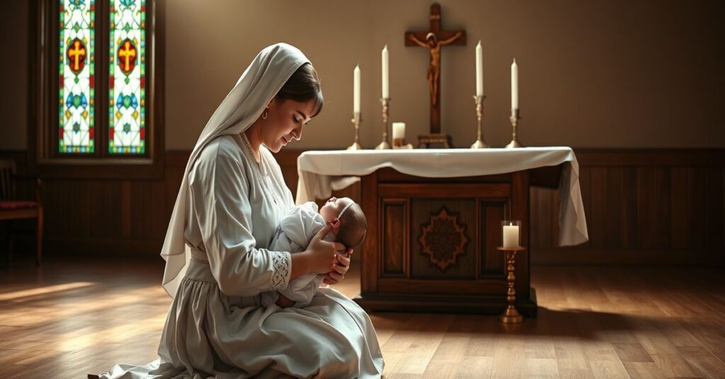 Kobieta w tradycyjnym stroju katolickim modli się z noworodkiem przed ołtarzem z krzyżem i świecami