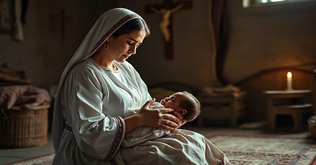 Kobieta katolicka w tradycyjnym stroju modli się po naturalnym porodzie z noworodkiem na rękach