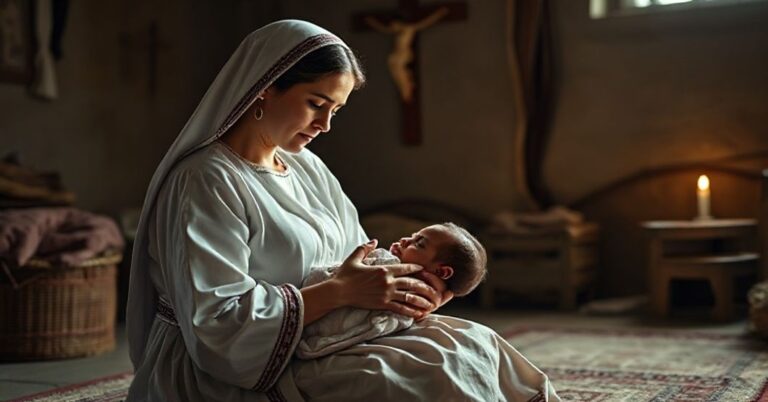 Kobieta katolicka w tradycyjnym stroju modli się po naturalnym porodzie z noworodkiem na rękach