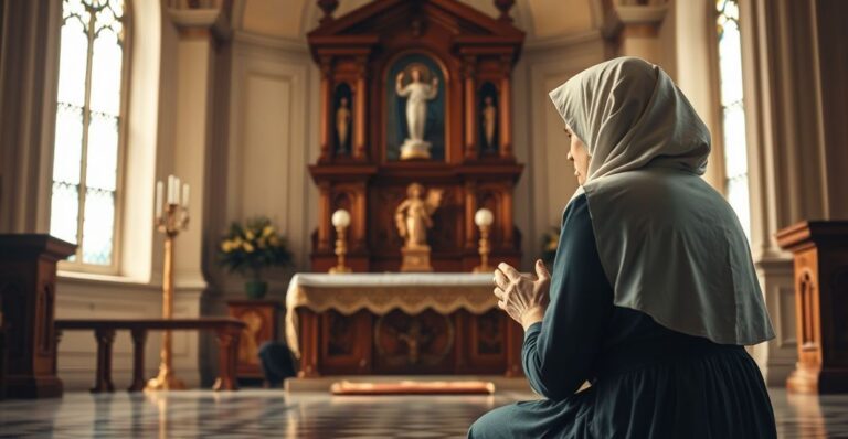 Reverentna katolicka scena modlącej się matki przed tabernakulum w tradycyjnej świątyni, wyraz głębokiego żalu i wiary