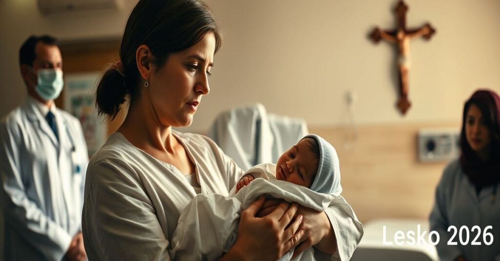 Matka katolicka trzymająca noworodek w szpitalu w Lesku w 2026 roku, z ukrytym krzyżem na tle.