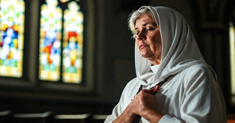 Kobieta modląca się w koście z różańcem w ręku, symbolizująca świętość macierzyństwa i duchowość