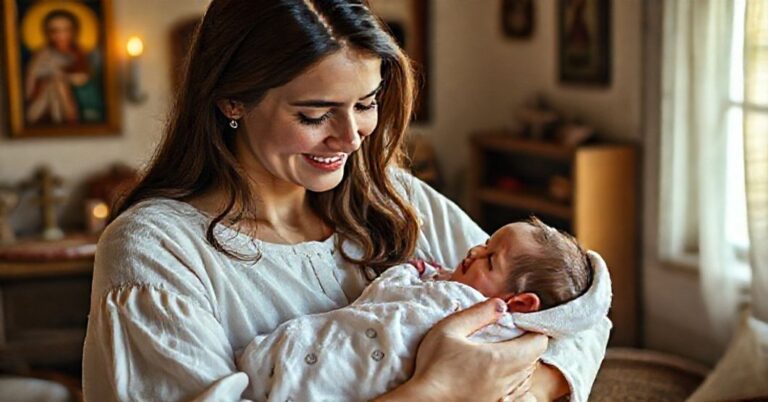 Kobieta trzymająca nowo narodzone dziecko w tradycyjnym domowym otoczeniu katolickim z ikonografią maryjną i krzyżem.