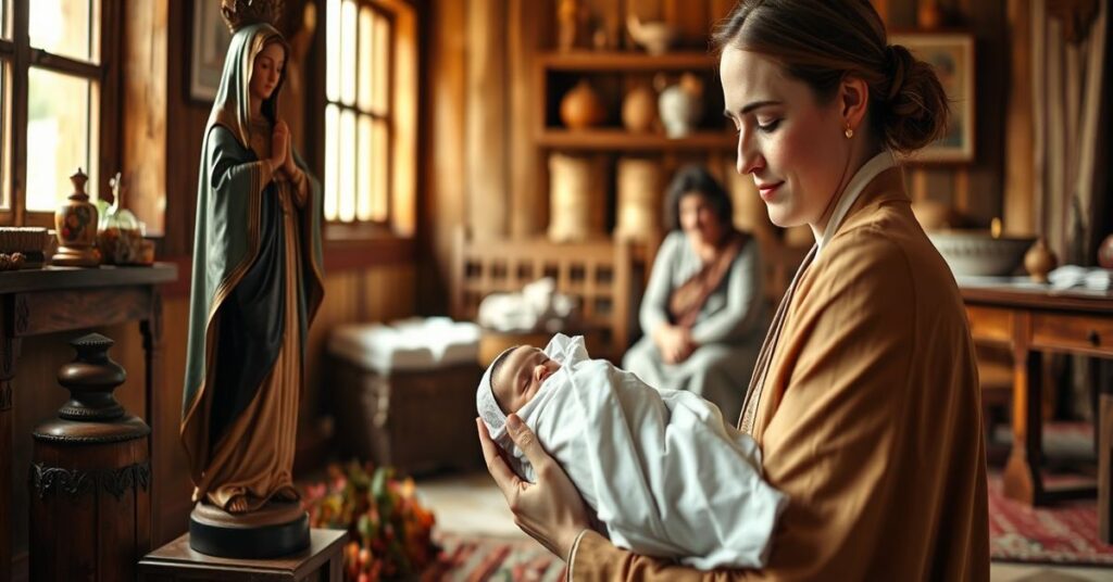 Kobieta modląca się z noworodkiem przed figurką Matki Boskiej w tradycyjnym katolickim domu