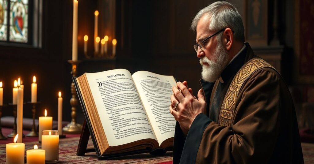 Tradycyjny katolicki kapłan modli się w ciemnym pomieszczeniu przy otwartym Pismie Świętym z tekstem z 1 Księgi Samuela 24.