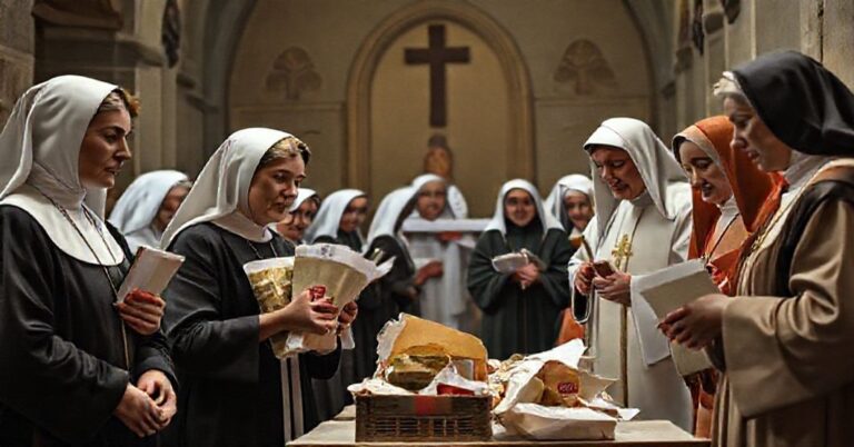 Solemne katolickie sceny kontrastujące światowy aktywizm z prawdziwą chrześcijańską miłością