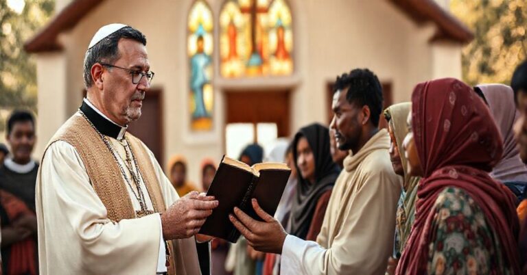 Ksiądz w tradycyjnych szatach kościelnych podaje migrującym różaniec i Biblię, symbolizując prawdziwą katolicką miłość i troskę o zbawienie dusz