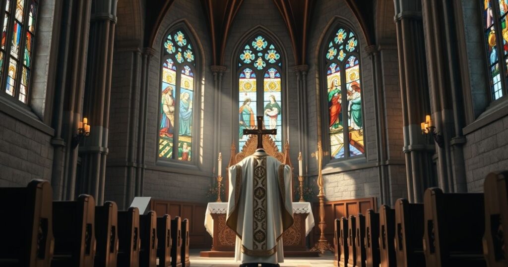 Rewersyjna scena liturgiczna w tradycyjnej katolickiej świątyni z kapłanem podczas Mszy Świętej, symbolizująca wierność nauce Kościoła