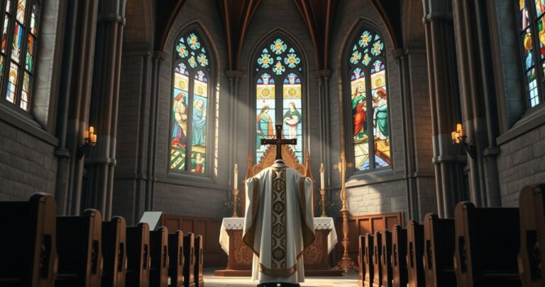 Rewersyjna scena liturgiczna w tradycyjnej katolickiej świątyni z kapłanem podczas Mszy Świętej, symbolizująca wierność nauce Kościoła