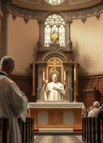 Fotografia liturgii katolickiej w tradycyjnym stylu Realistyczne zdjęcie katolickiego księdza odprawiającego Mszę świętą w tradycyjnej świątyni, skupiające się na Eucharystii i atmosferze liturgii, wyrażające szacunek i wierność nauce Kościoła.
