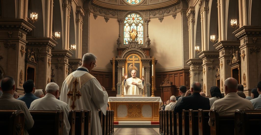 Realistyczne zdjęcie katolickiego księdza odprawiającego Mszę świętą w tradycyjnej świątyni, skupiające się na Eucharystii i atmosferze liturgii, wyrażające szacunek i wierność nauce Kościoła.