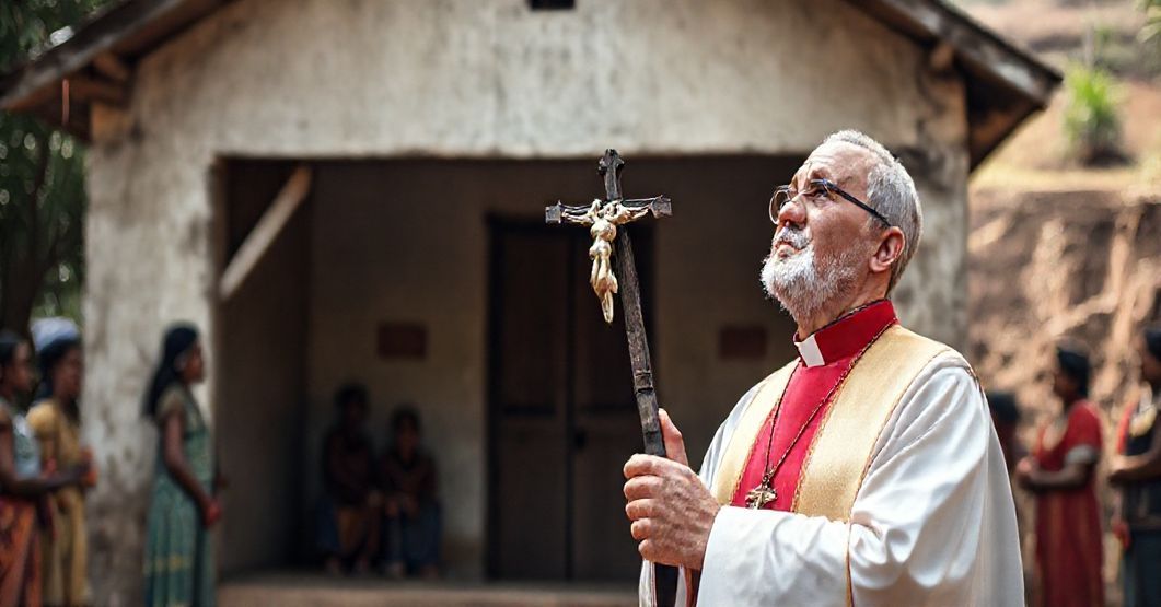 Tradycyjny katolicki książ w szatach liturgicznych stoi przed kaplicą w Ekwadorze, trzymając krzyż. Tło symbolizuje prawdziwą misję katolicką w konflikcie z nowoczesnym synkretyzmem.