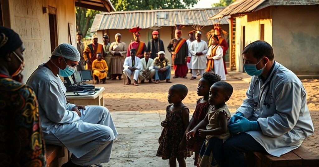 Scena katolickiego szpitala misyjnego w Republice Środkowoafrykańskiej z polskimi lekarzami wykonującymi operacje oczu i grupą miejscowych ludzi oczekujących na pomoc.
