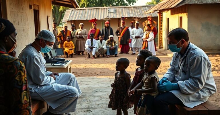 Scena katolickiego szpitala misyjnego w Republice Środkowoafrykańskiej z polskimi lekarzami wykonującymi operacje oczu i grupą miejscowych ludzi oczekujących na pomoc.