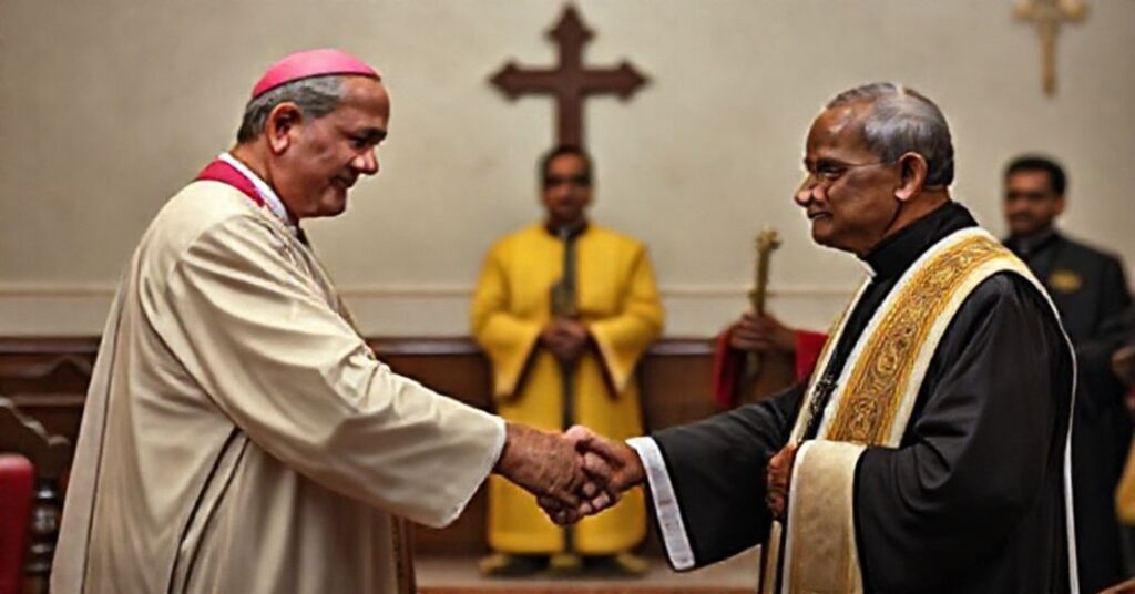 Scena katolicka przedstawiająca fałszywego 'arcybiskupa' Paula Richarda Gallaghera podczas dyplomatycznego spotkania z prezydentem Sri Lanki Anurą Kumarą Dissanayaką, z tradycyjnym księdzem w tle trzymającym krzyż