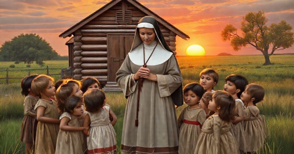 Rytualny obraz modlitwy katolickiej zakonnicy Rose Duchesne z dziećmi Potawatomi w szkole misyjnej w Kansas