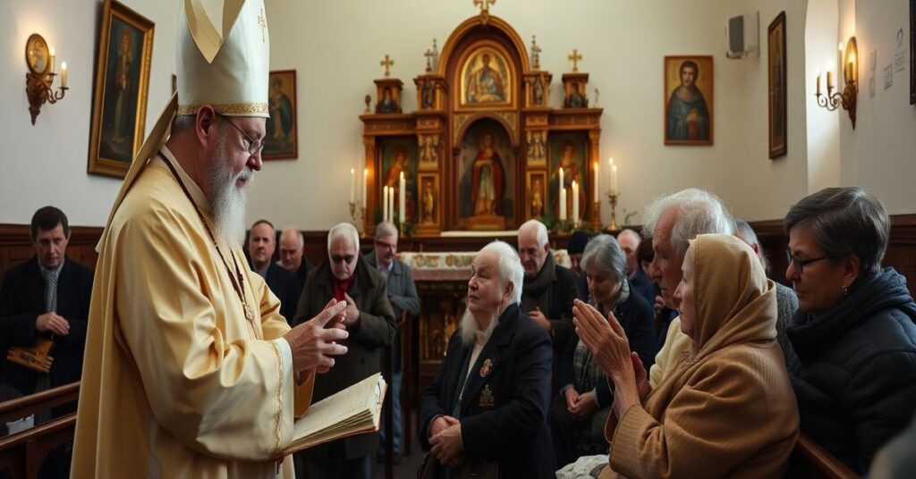 Tradycyjny katolicki kościół z kapłanem sedevacantystą udzielającym namaszczenia chorym starszym uchodźcom wojennym z Ukrainy