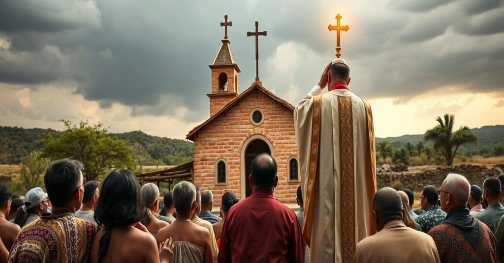 Tradycyjny katolicki książ w ornacie modli się z rdzennymi ludami przed kościołem misyjnym.