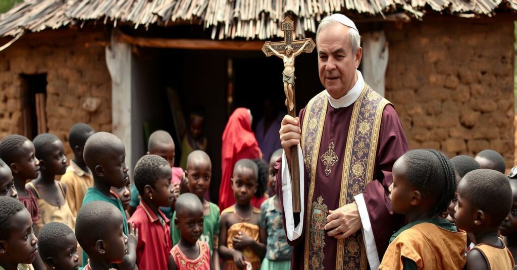Katolicki ksiądz w tradycyjnych szatach liturgicznych stoi wśród afrykańskich dzieci trzymając krzyż. Na tle widoczna jest mała kaplica i wierni zbierający się na Mszę Świętą.