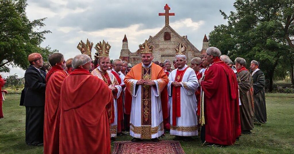 Katolicka misja w Nigerii - grupa wiernych modli się przed ruinami kościoła, otoczona amerykańskimi żołnierzami. Na tle zniszczenia i płonące domy.