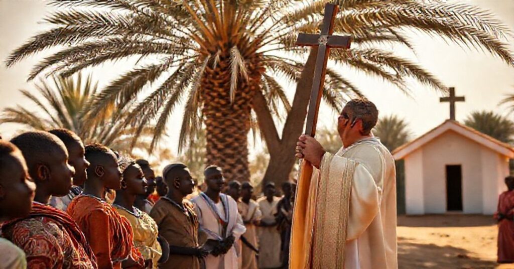 Tradycyjna misja katolicka w Sudanie Południowym: kapłan sedewakantystowski udzielający chrztu nowo narażonym w tradycyjnej scenerii z palmami i kaplicą na tle.
