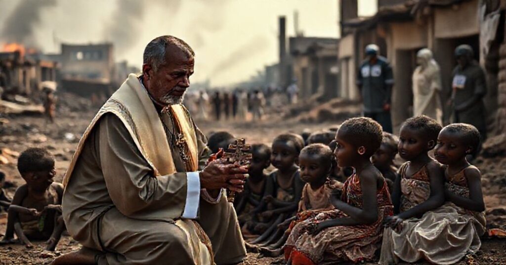 Katolicki książ w tradycyjnych szatach modli się z głodnymi dziećmi w zniszczonym Sudanie