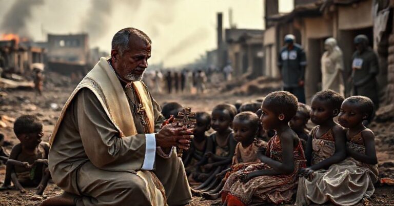 Katolicki książ w tradycyjnych szatach modli się z głodnymi dziećmi w zniszczonym Sudanie
