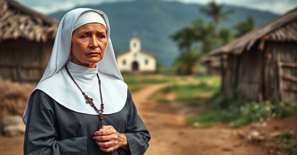 Katolicka zakonnica w tradycyjnym habitcie stoi w wiosce w Tanzanii, trzymając różaniec z odległym kościołem na tle. Jej wyraz twarzy jest zamyślony i zmartwiony, symbolizując kryzys nowoczesnej ewangelizacji.