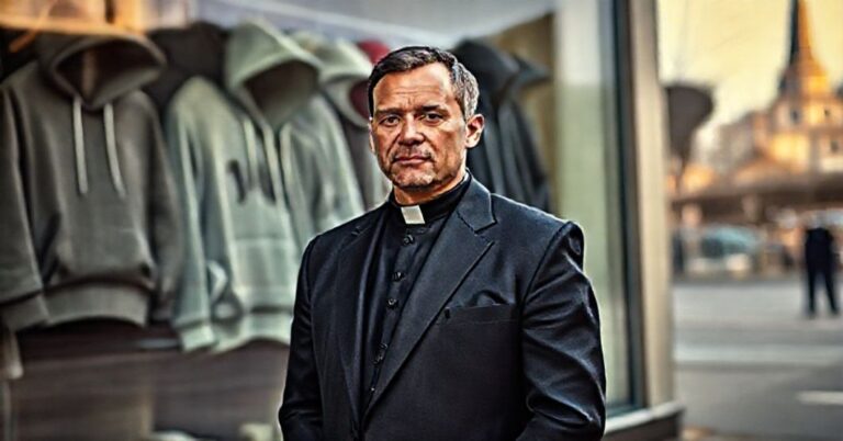 Mężczyzna w tradycyjnym katolickim stroju stojący z powagą w porównaniu z modernymi bluzami w sklepie. Symbolizuje upadek moralności w kulturze masowej.