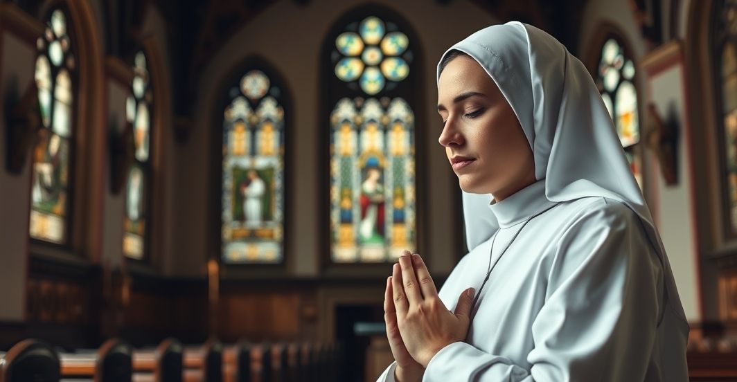 Catholic kobieta modląca się w kościele, symbol pokory i oddania Bogu, z naciskiem na wierność Królestwu Chrystusa