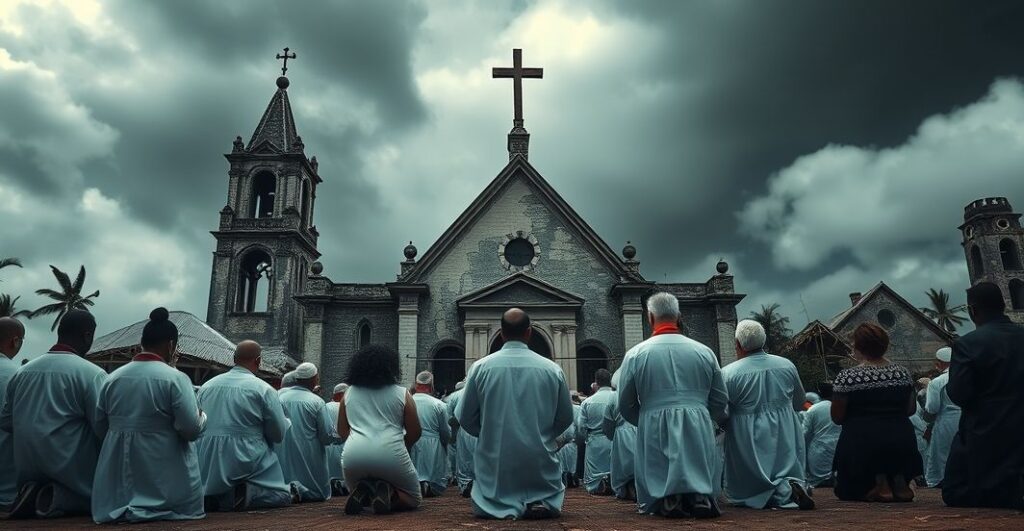 Grupa katolików modlących się przed zniszczonym kościołem na Jamajce po huraganie Melissa, symbolizującym duchową katastrofę i potrzebę pokuty