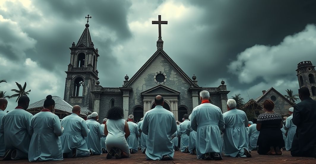 Grupa katolików modlących się przed zniszczonym kościołem na Jamajce po huraganie Melissa, symbolizującym duchową katastrofę i potrzebę pokuty