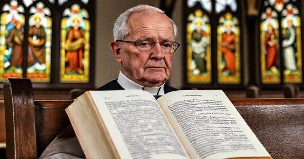 Tradycyjny katolicki wizerunek wnętrza kościoła z modlącym się mężczyzną przeczytującym encyklikę Piusa XI Quas Primas