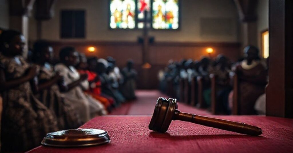 Obraz przedstawiający modlących się katolików w kościele w Kenii przed ołtarzem z rozbitym młotkiem sądowym, symbolizujący walkę o życie w obliczu legalizacji aborcji