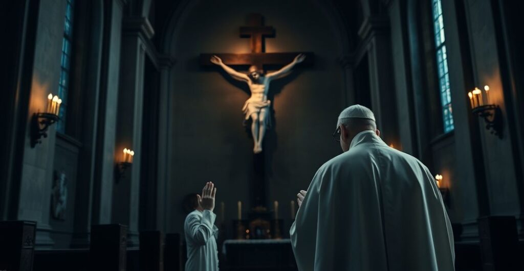 Reverent Catholic mężczyzna modli się przed krzyżem w starym kościele, symbolizując odrzucenie nowoczesnego sekularyzmu i uznanie Chrystusa jako Króla narodów