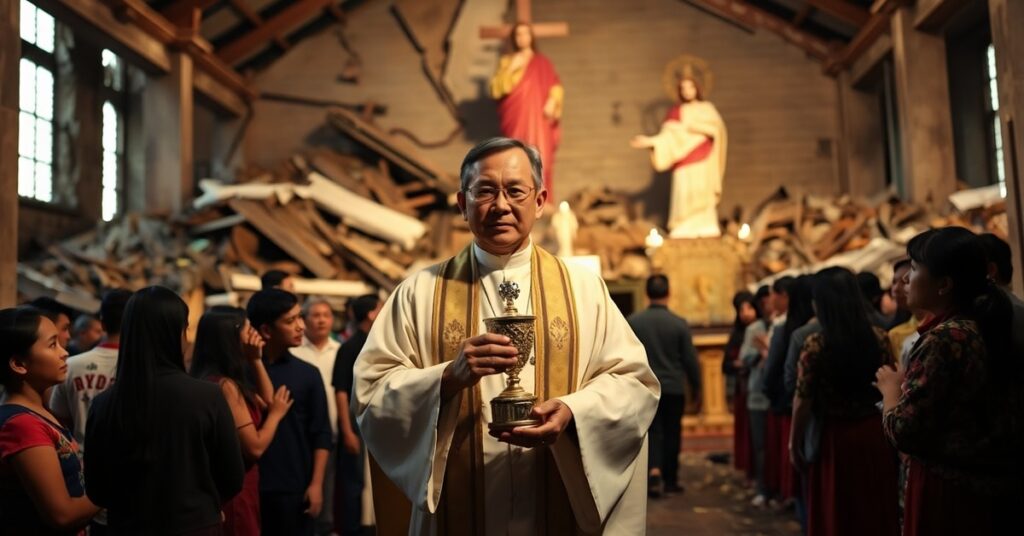 Ksiądz katolicki w tradycyjnych szatach liturgicznych stoi w ruinach kościoła na Mindanao po trzęsieniu ziemi. Na tle widoczne są zniszczone budynki i częściowo uszkodzona statua Jezusa. Ksiądz trzyma monstrancję z Najświętszym Sakramentem, otoczony przerażonymi mieszkańcami szukającymi pocieszenia. Scena jest oglądana w ciepłym, poważnym oświetleniu.