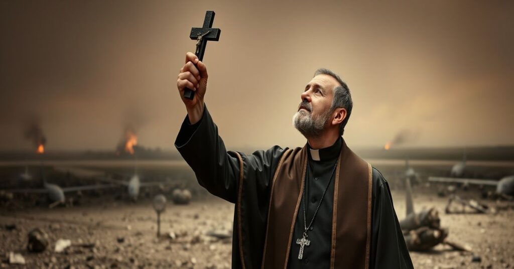 Kobieta w tradycyjnym habitie stojąca przed ruinami lotniska w Kuwejcie z krzyżem w ręku