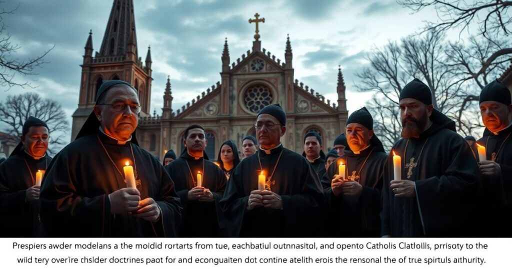 Realistyczny obraz katolickiej modlitwy na ulicy z wiernymi i kapłanami w tradycyjnych strojach przed historycznym kościołem, wyrażający głęboką pobożność i troskę o autentyczną wiarę