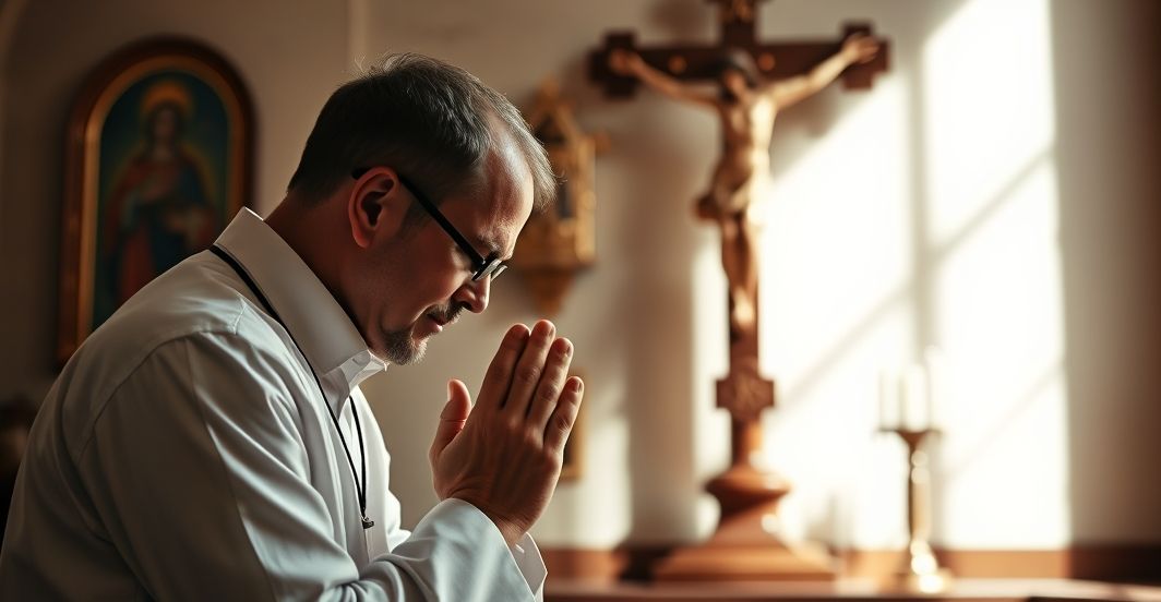 Kobieta modli się w tradycyjnym kościele katolickim, z głową pochyloną przed krzyżem, w otoczeniu delikatnego, naturalnego oświetlenia, symbolizującą zaufanie do Bożej opieki.