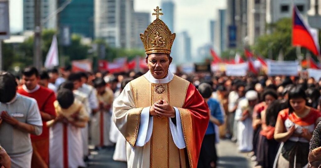 Uroczysta procesja katolicka na Filipinach z monstrancją i modlącymi się wiernymi na tle miasta