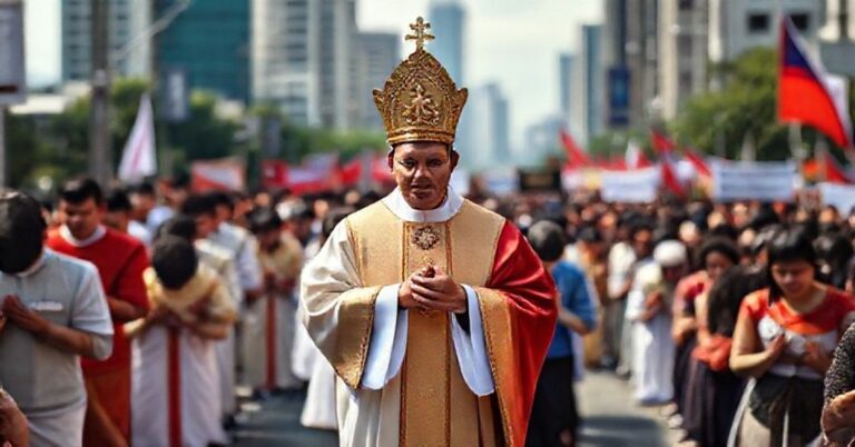 Uroczysta procesja katolicka na Filipinach z monstrancją i modlącymi się wiernymi na tle miasta