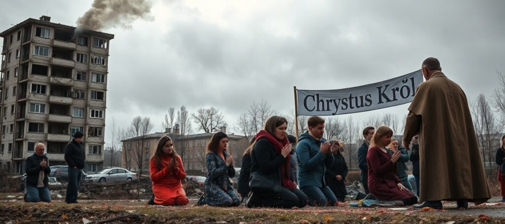 Scena katolicka ukazująca zniszczony blok mieszkalny w Gałaczu po uderzeniu rosyjskiego drona. W tle widoczny jest dym i uszkodzenia budynku. W pierwszym planie grupa ludzi modli się z księdzem katolickim trzymając różańce i krzyże. Namiot z napisem 'Chrystus Król' symbolizuje wiarę w czasach kryzysu.