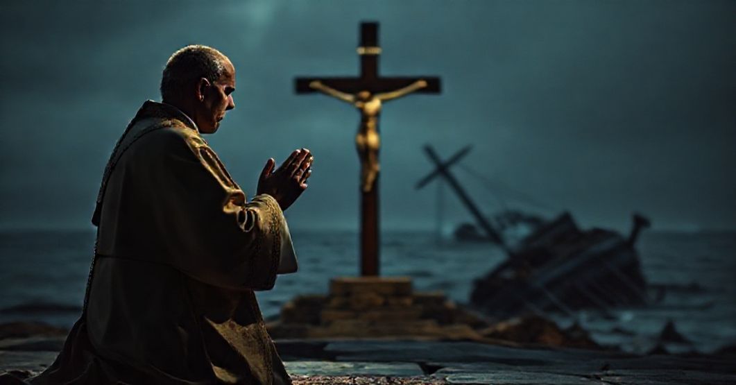 Pozornie katolicki kapłan w szatach liturgicznych modli się przed krzyżem z widokiem katastrofy migrantów na morzu w tłu