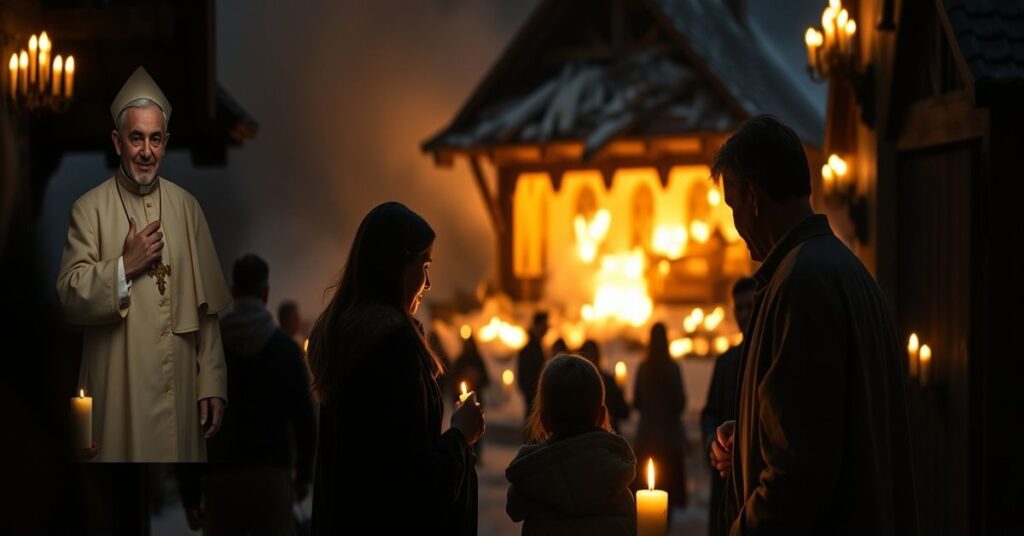 Zdjęcie przedstawiające tradycyjnie katolicką rodzinę modlącą się w świetle świateł po tragicznej pożarze w Crans-Montana.