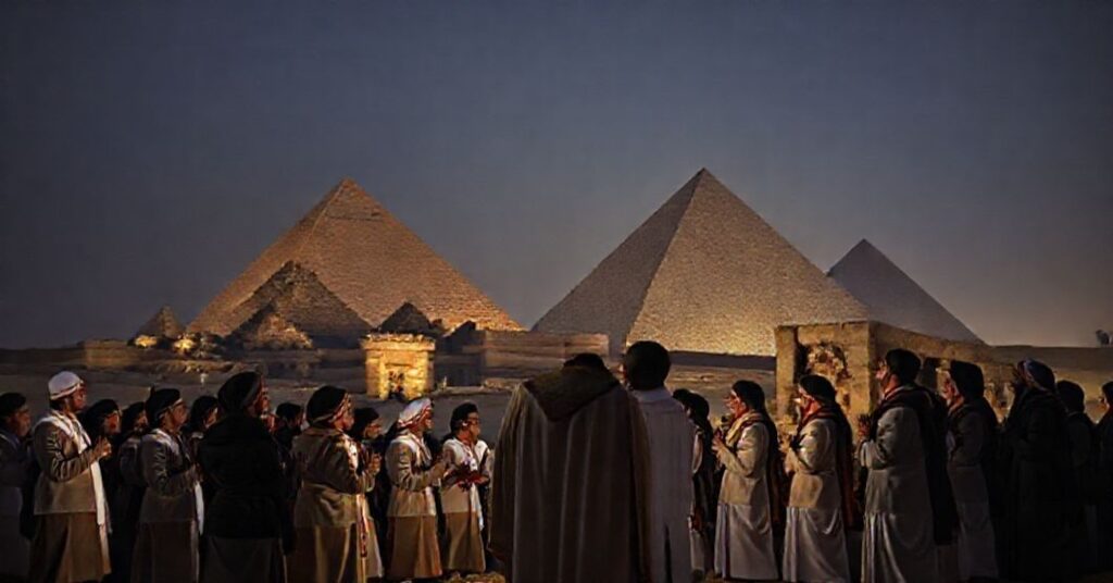 Grupa katolickich wiernych modli się przed ruiny starożytnego Egiptu pod piramidą Cheopsa