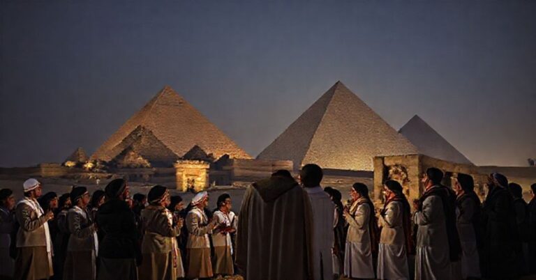 Grupa katolickich wiernych modli się przed ruiny starożytnego Egiptu pod piramidą Cheopsa