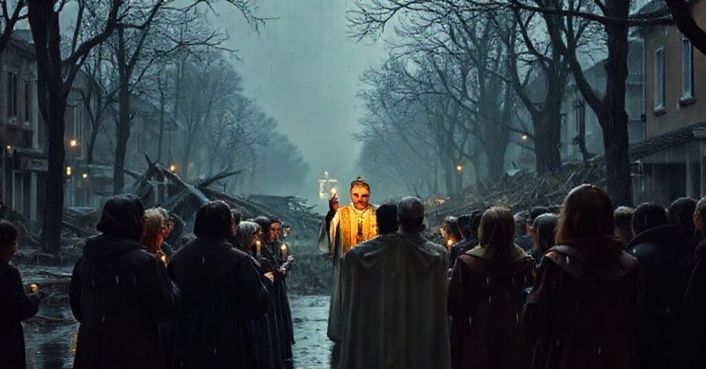 Królowa katoliczka modli się w czasie klęski żywiołowej w Podkarpaciu z monstransem